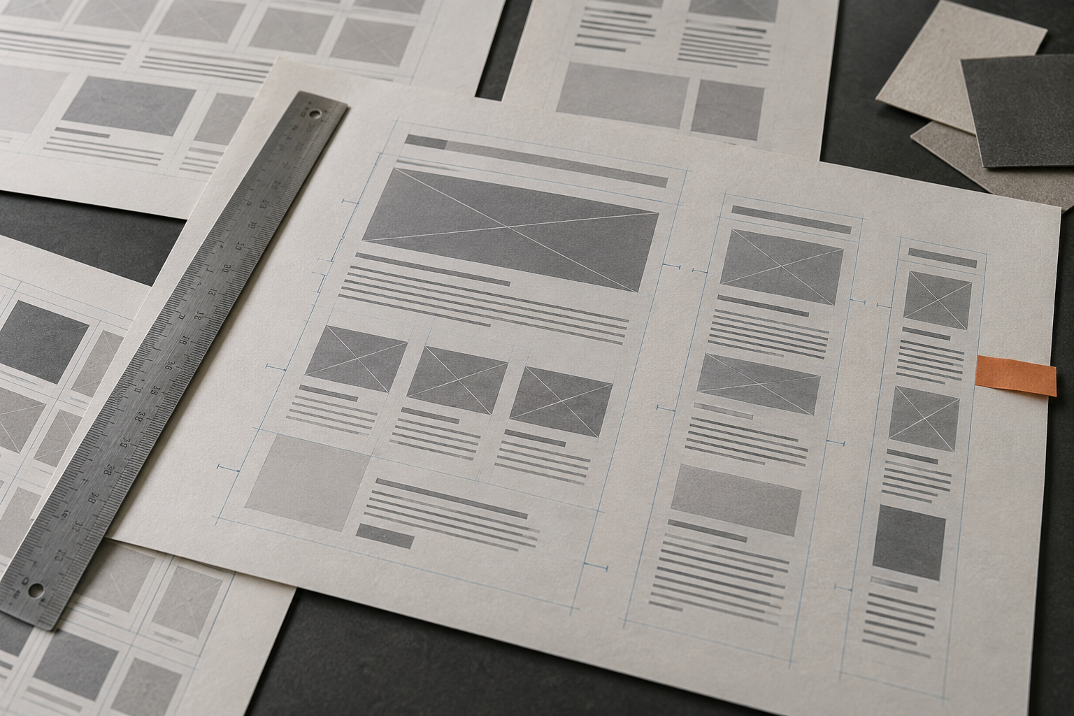 Printed responsive website wireframes arranged with a metal layout ruler.