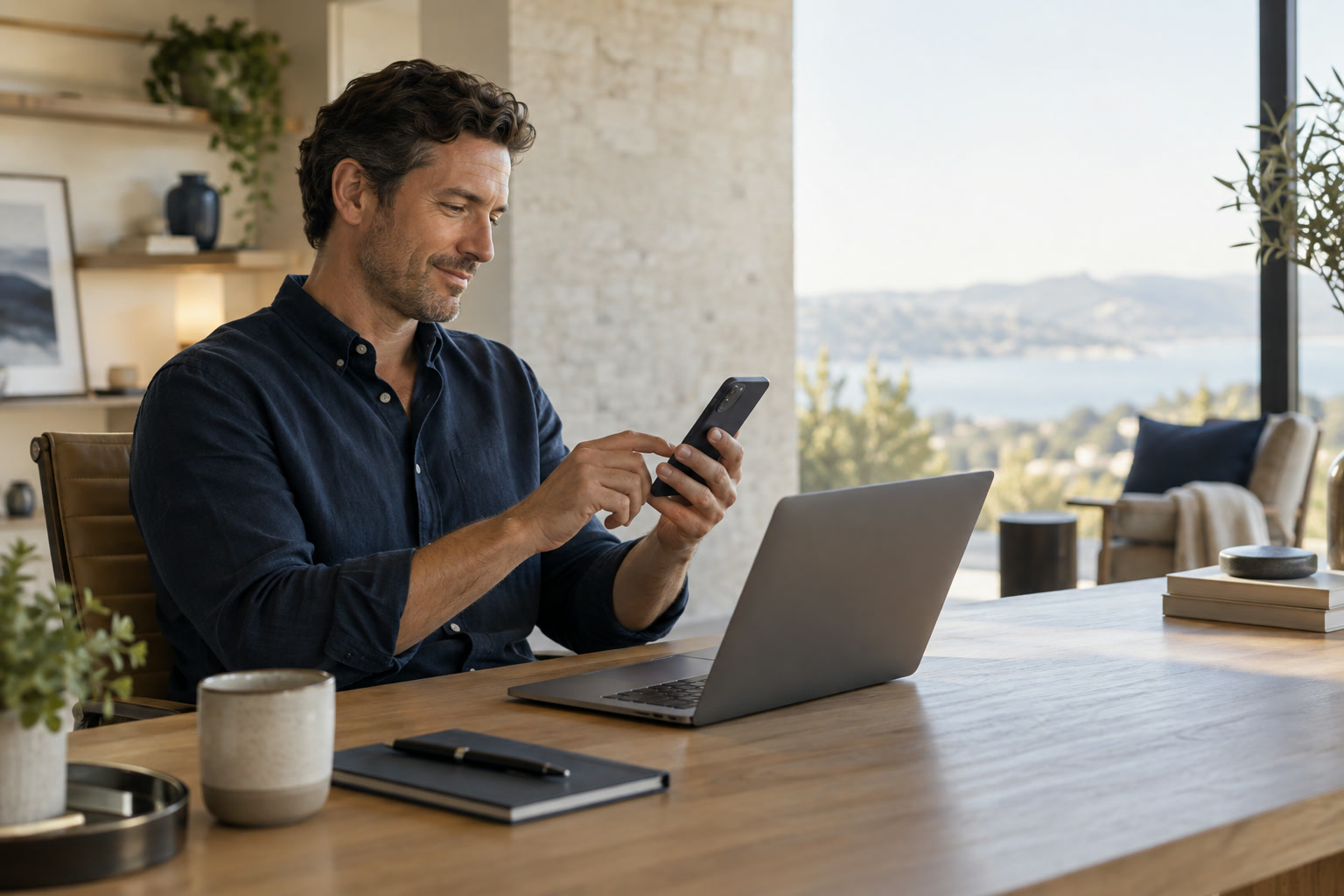 A professional approves a sign-in on a phone while working at a laptop.
