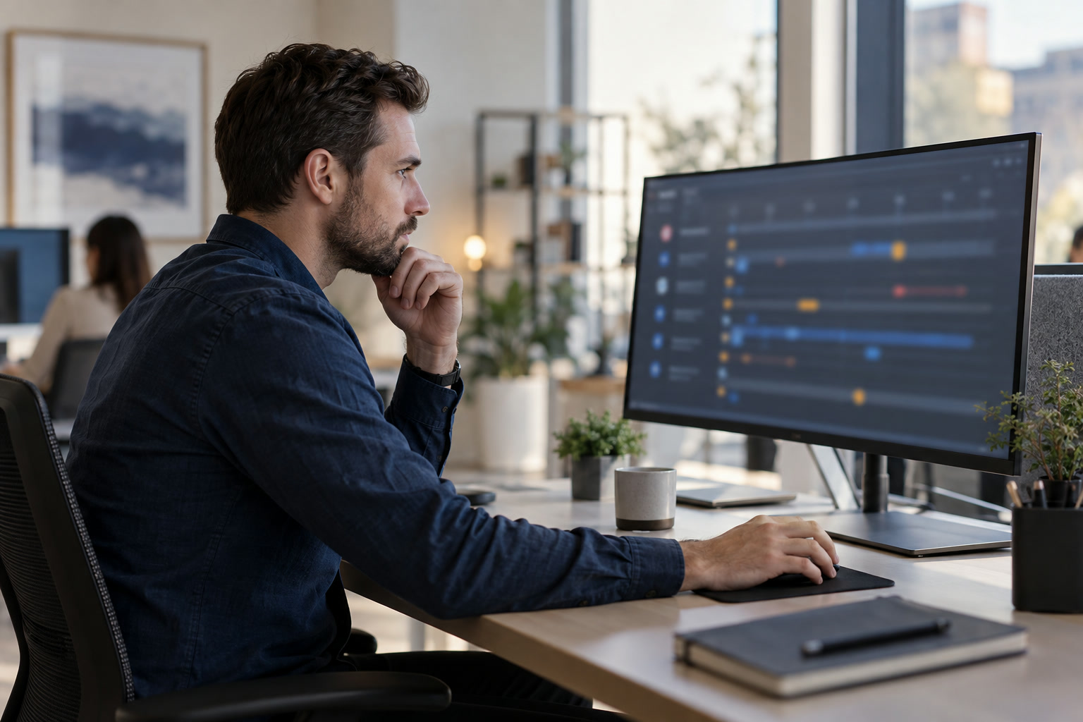A security analyst reviewing activity signals on a monitor in a bright operations workspace.